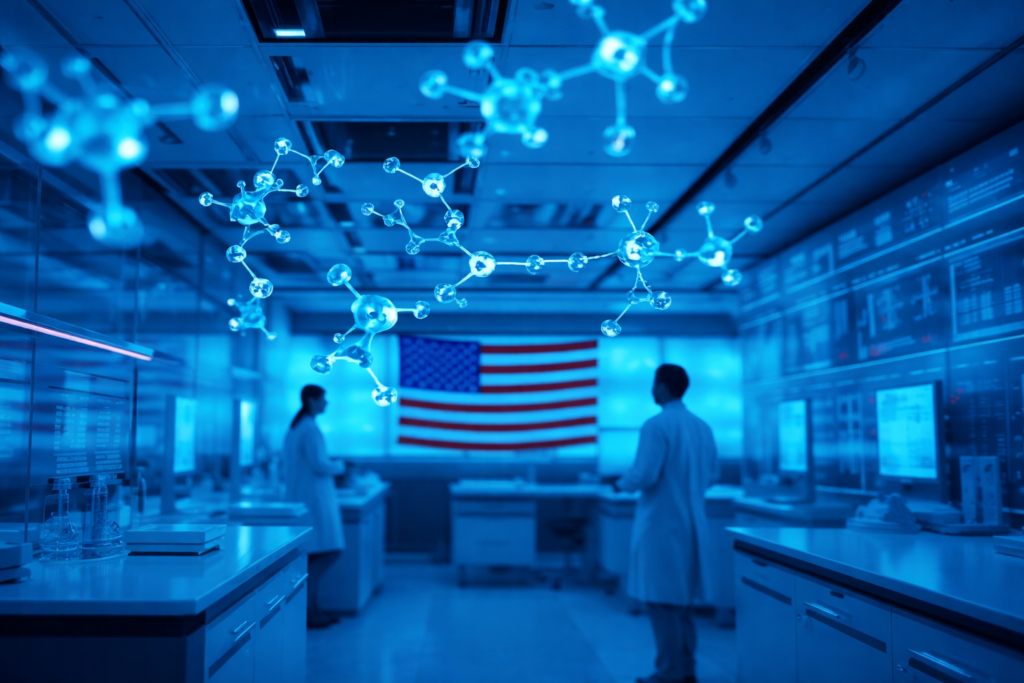 Futuristic research lab with molecular structures