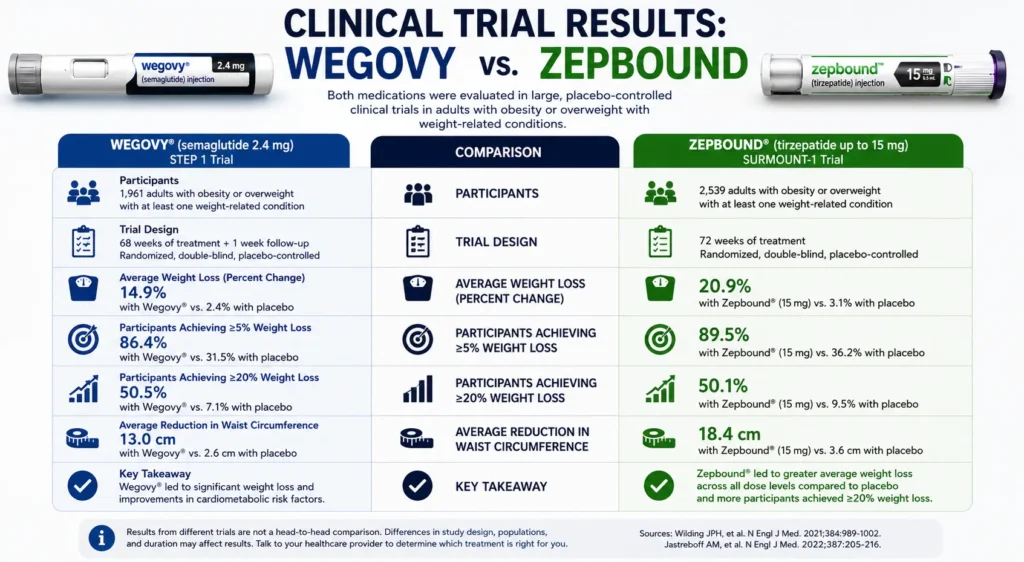 Clinical trial comparison Wegovy vs Zepbound