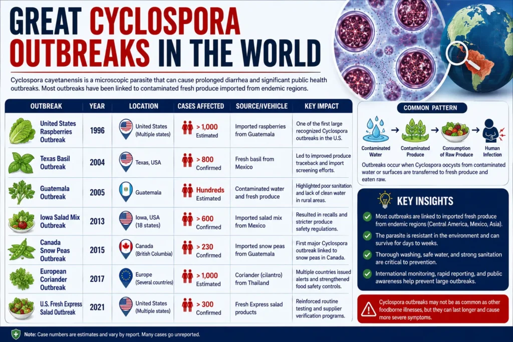 Great Cyclospora Outbreaks in the World