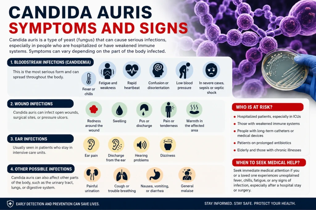 Candida Auris Symptoms and Signs Infographic