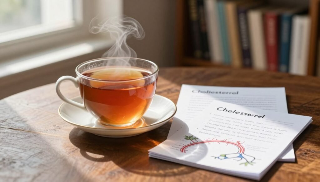 A cup of tea beside notes on cholesterol and blood vessel function A cup of tea beside notes on cholesterol and blood vessel function