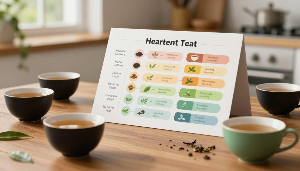 Black and green tea cups beside a chart of caffeine and benefits Black and green tea cups beside a chart of caffeine and benefits