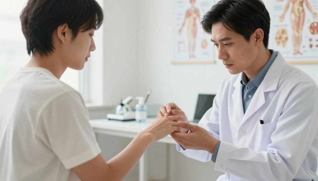 Clinician checking index finger movement and tenderness