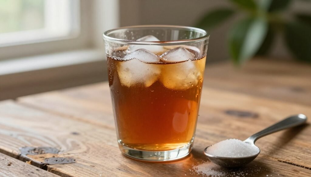 Unsweetened tea cooling beside a measured spoon of sugar Unsweetened tea cooling beside a measured spoon of sugar