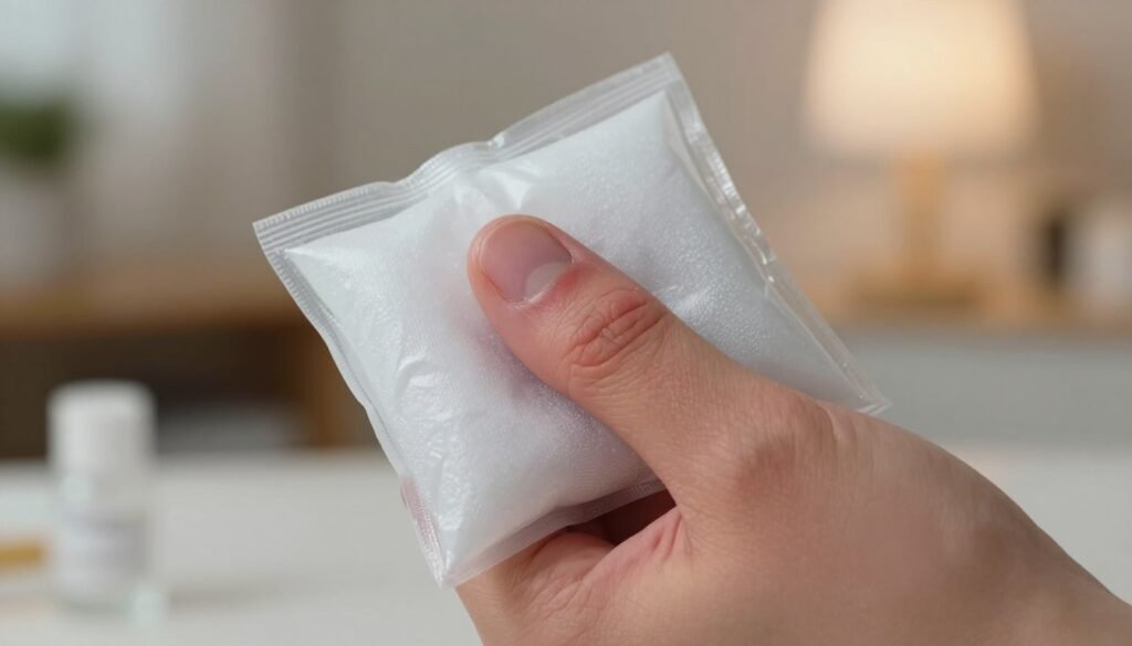 Wrapped ice pack resting against a swollen finger